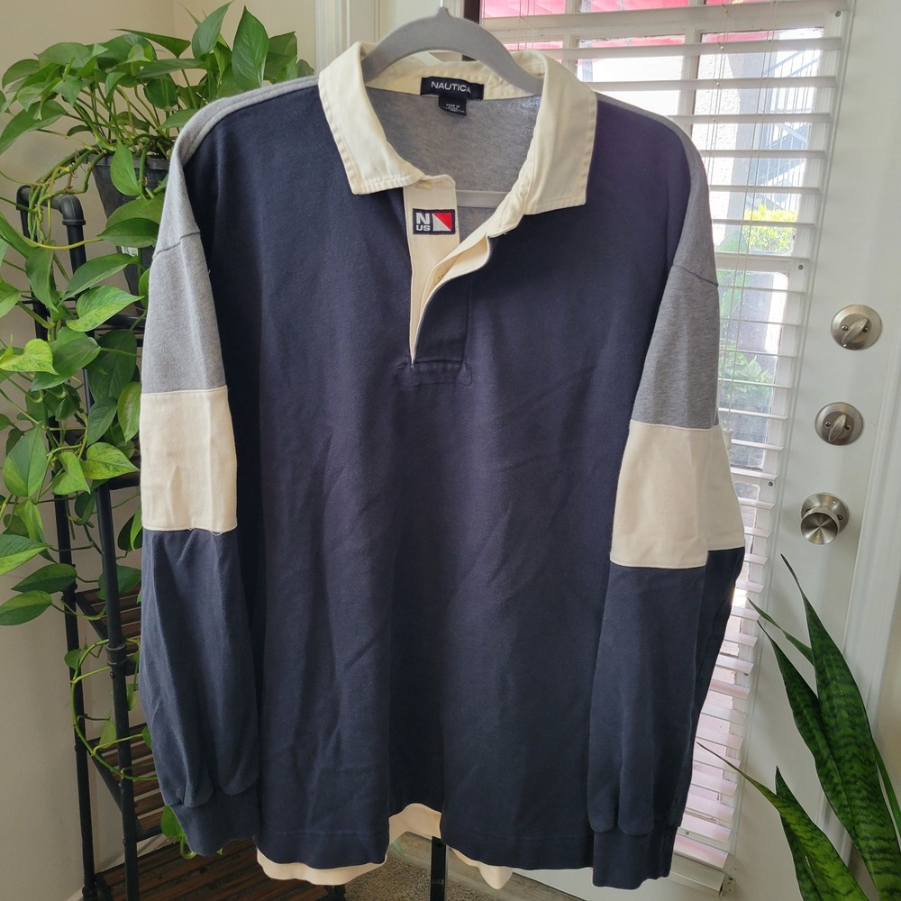 Nautica Mens XL Rugby Shirt Long Sleeve Colorblock Spellout Navy Grey White